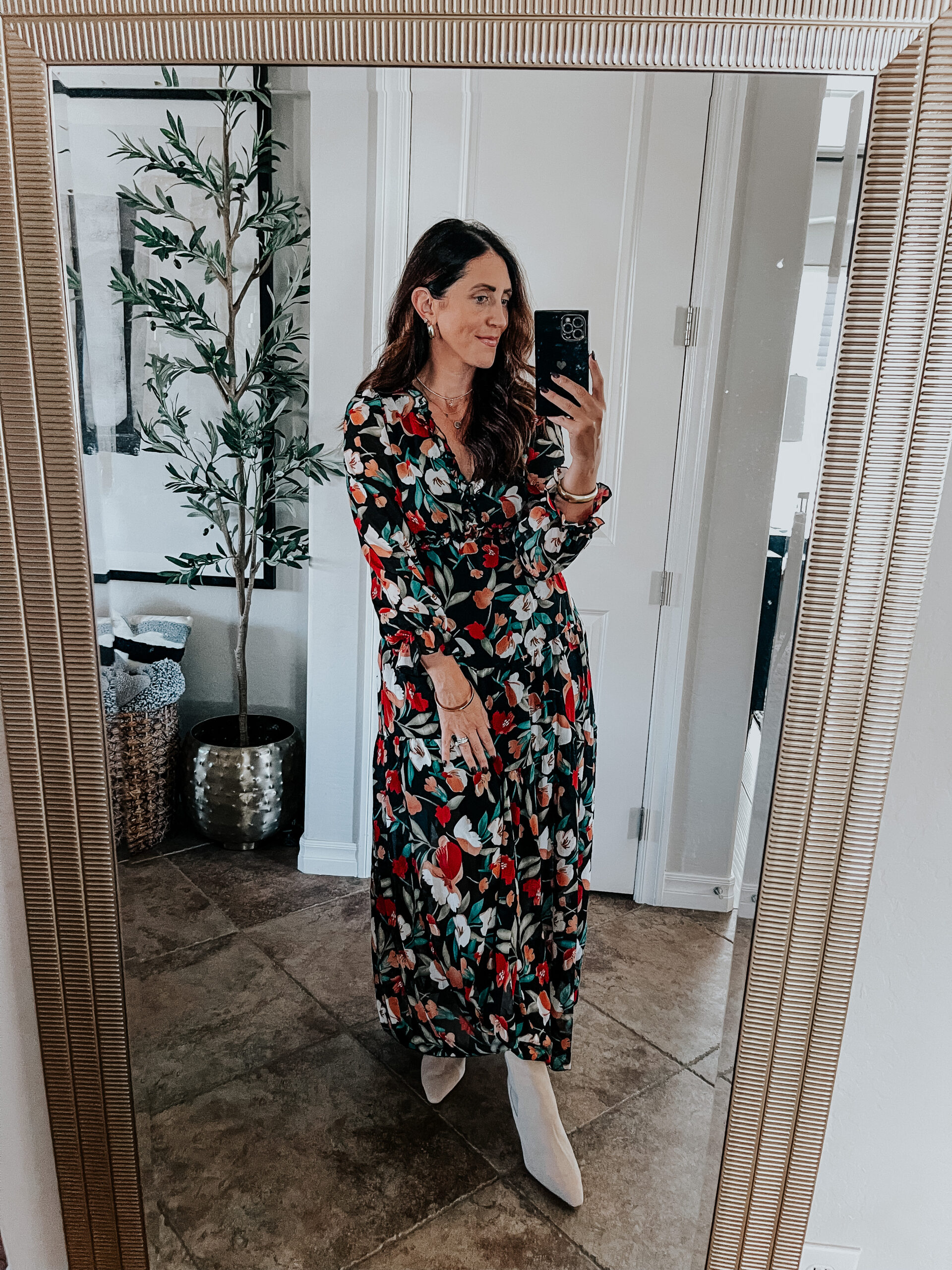 fall long sleeve maxi dress with v-neck and ruffle detail - floral mazi dress for Fall - This is our Bliss
