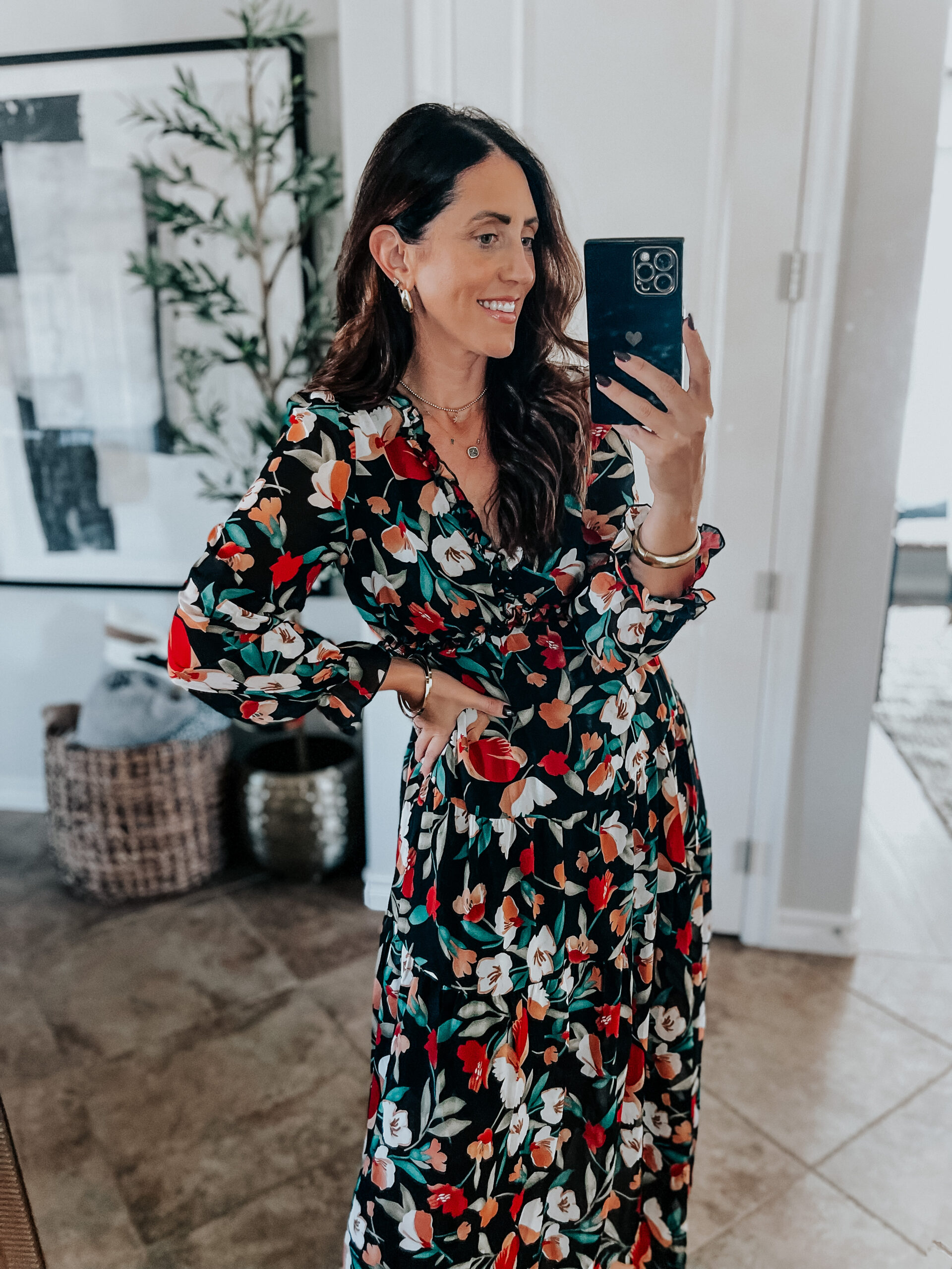 fall long sleeve maxi dress with v-neck and ruffle detail - floral mazi dress for Fall - This is our Bliss