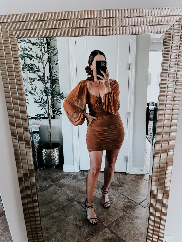 Amazon bodycon dress with ruching and with puff sleeves and deep v-neck - This is our Bliss Amazon haul