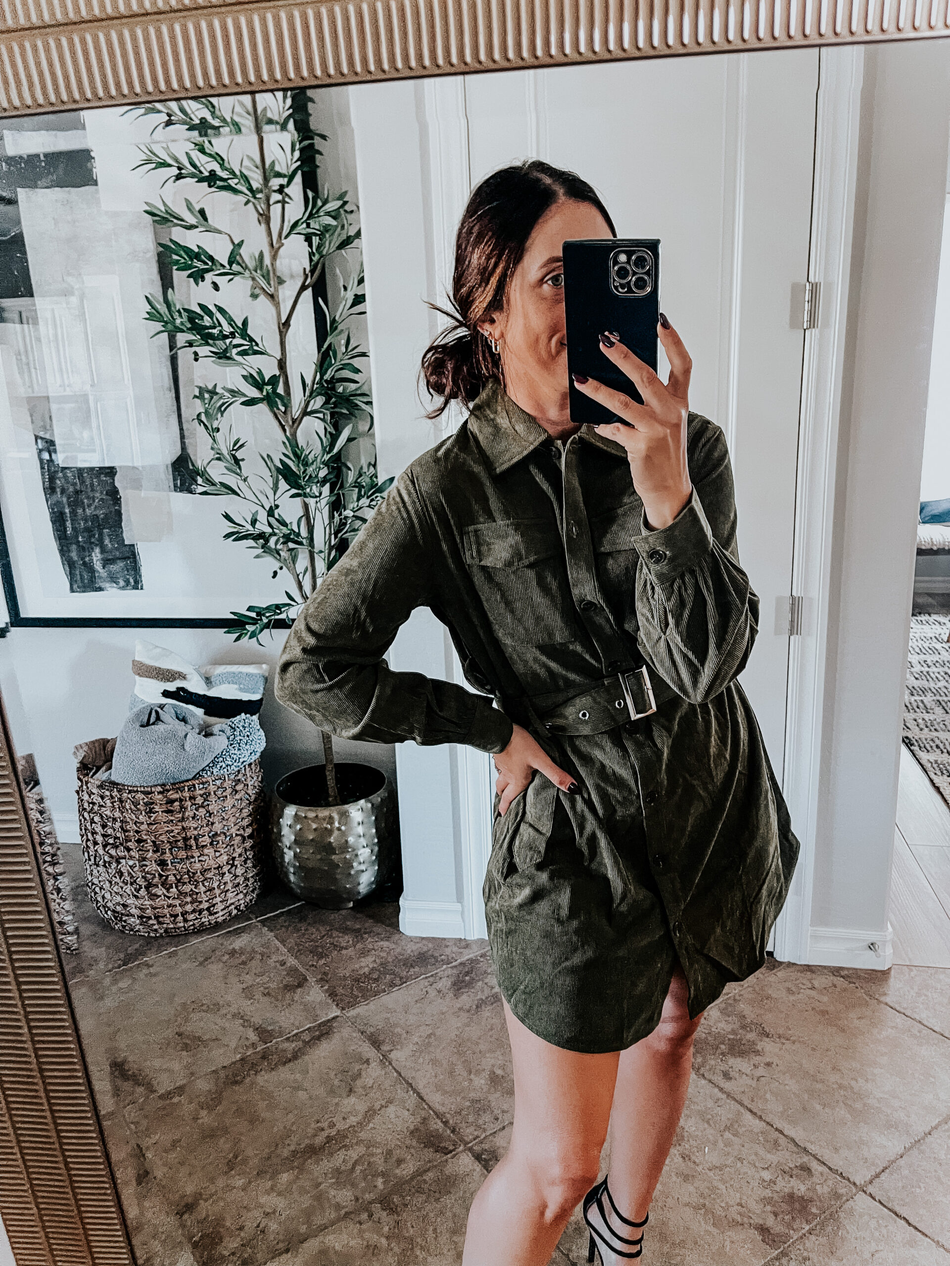 long sleeve corduroy shirt dress with belt and knee high boots - olive green shirt dress - army green corduroy dress - This is our Bliss
