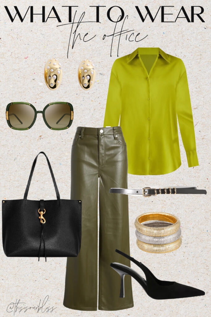 how to wear olive green faux leather pants - monochromatic look - lime green satin blouse - workwear outfit - This is our Bliss