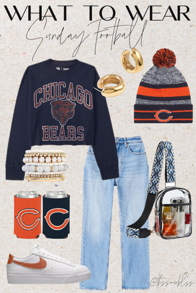 Fall style guide - what to wear to watch Football - This is our Bliss #falloutfitidea #chicagobears #collegefootball #gamedayoutfit #footballsunday