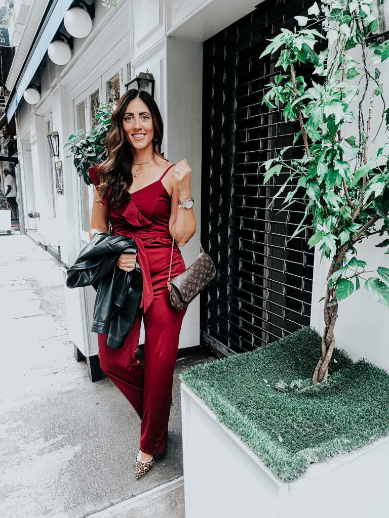 burgundy ruffle one shoulder jumpsuit with belt - NYC event outfit - with leather jacket - This is our Bliss