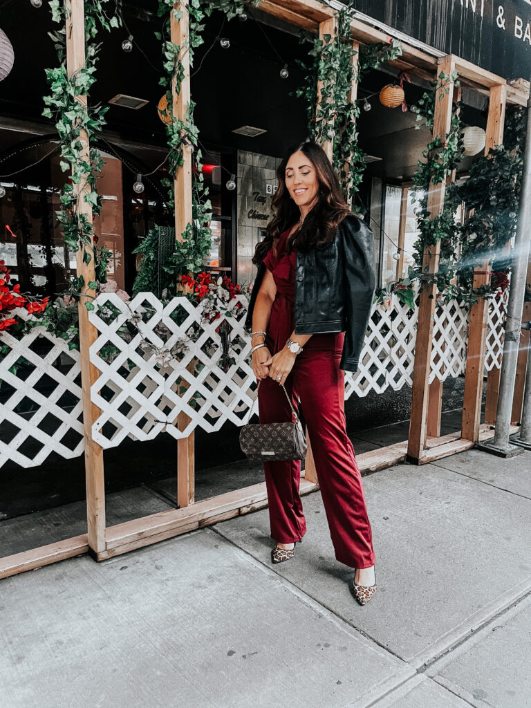 ruffled jumpsuit and faux leather jacket in NYC - This is our Bliss