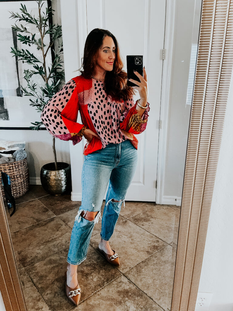 Fall outfit idea - colorful blouse and jeans - Style my closet challenge - This is our Bliss