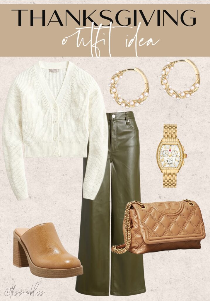 Thanksgiving outfit idea - What to wear for Thanksgiving - cream sweater & olive green faux leather pants - Thanksgiving style - This is our Bliss