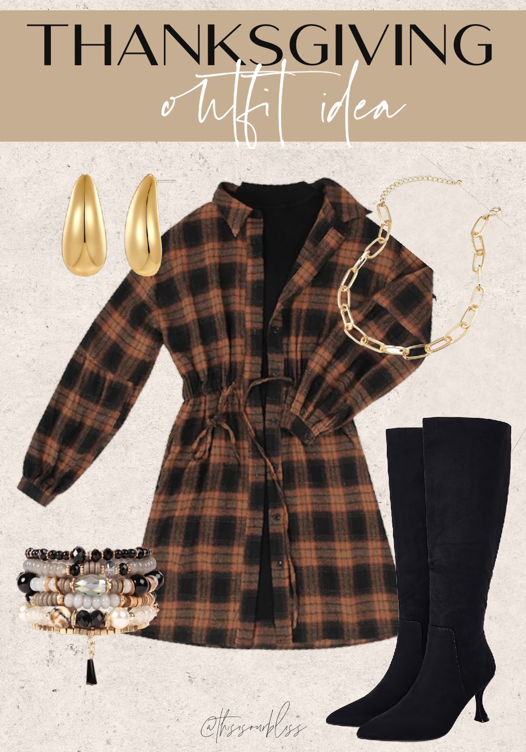 Thanksgiving outfit idea - plaid dress & boots for Thanksgiving - This is our Bliss
