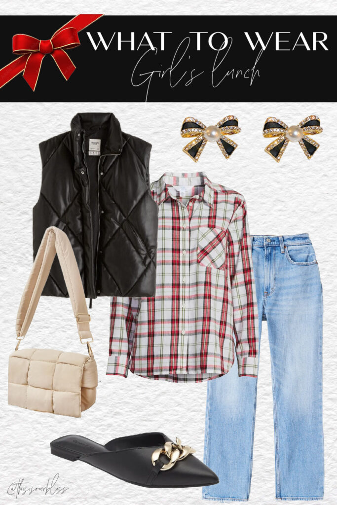 holiday plaid outfit idea with faux leather puffer vest - holiday style guide - holiday outfit idea - This is our Bliss
