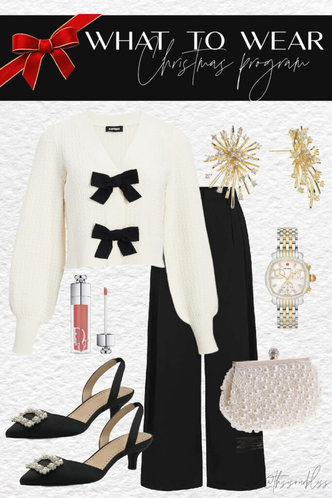 festive style - bow cardigan and trousers - This is our Bliss - #holidaystyleguide