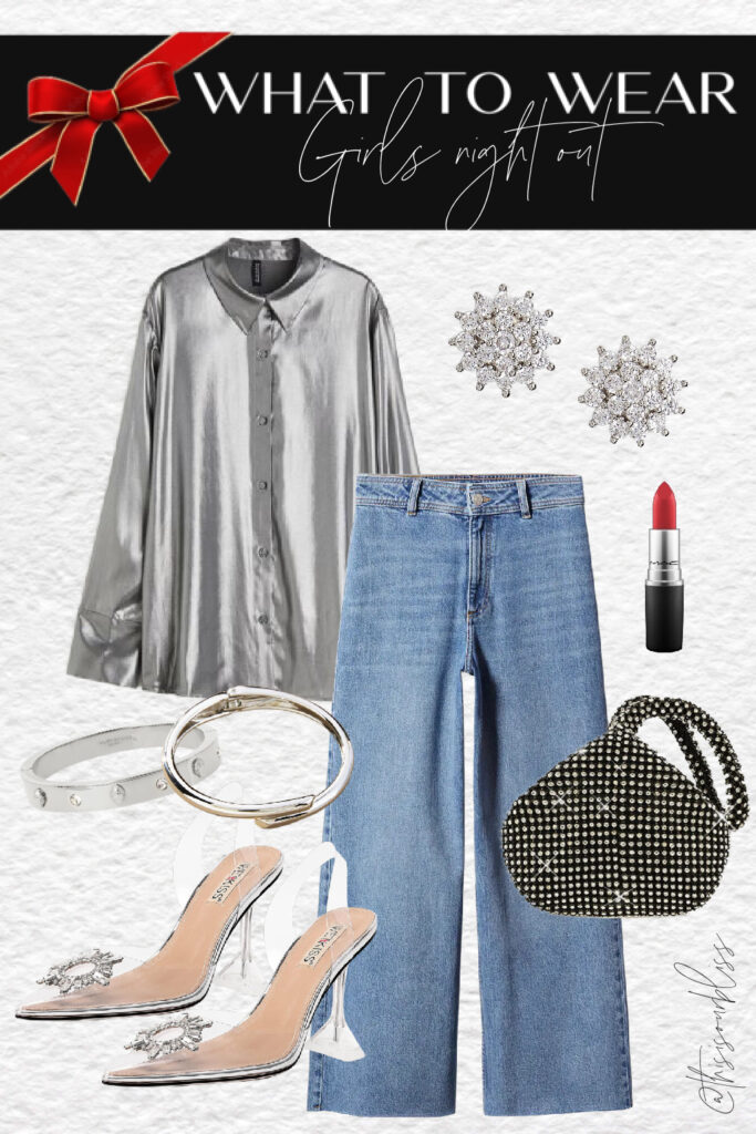 Holiday outfit idea - metallic satin blouse with jeans and heels - This is our Bliss